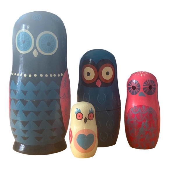 Vintage hand painted handmade wooden Owl Nesting Dolls - Picture 2 of 16